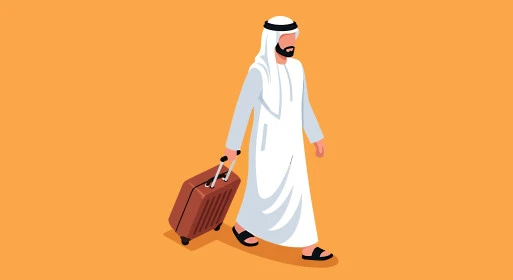 الاستعداد للطيران والانطلاق, رسم كرتوني لرجل عربي خليجي سعودي يرتدي الغترة والثوب التقليدي يجر حقيبة السفر, الرحلات الجوية للسفر, خطوط النقل الجوي، خلفية برتقالية، فيكتور اليستريتور