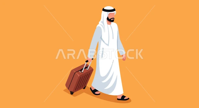 الاستعداد للطيران والانطلاق, رسم كرتوني لرجل عربي خليجي سعودي يرتدي الغترة والثوب التقليدي يجر حقيبة السفر, الرحلات الجوية للسفر, خطوط النقل الجوي، خلفية برتقالية، فيكتور اليستريتور