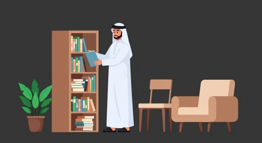 قراءة الكتب والقصص والروايات، مفهوم التحضير ومراجعة البحوث العلمي، التثقف والتعليم وزيادة المعرفة، رسم توضيحي لرجل عربي خليجي سعودي يرتدي الثوب التقليدي يحمل بيده كتاب، صورة الجسم بالطول الكامل، خلفية بيضاء