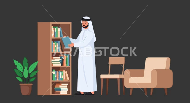 قراءة الكتب والقصص والروايات، مفهوم التحضير ومراجعة البحوث العلمي، التثقف والتعليم وزيادة المعرفة، رسم توضيحي لرجل عربي خليجي سعودي يرتدي الثوب التقليدي يحمل بيده كتاب، صورة الجسم بالطول الكامل، خلفية بيضاء