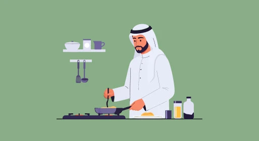 المتعة في تحضير الوصفات الشهية, رسم كرتوني لرجل عربي خليجي سعودي يقوم بإعداد السلطات والخضروات والأطباق الصحية، احتراف مهنة الطبخ، مهارات تقديم وتزيين الطعام، فيكتور اليستريتور