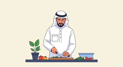 المتعة في تحضير الوصفات الشهية, رسم كرتوني لرجل عربي خليجي سعودي يقوم بإعداد السلطات والخضروات والأطباق الصحية، احتراف مهنة الطبخ، مهارات تقديم وتزيين الطعام، فيكتور اليستريتور