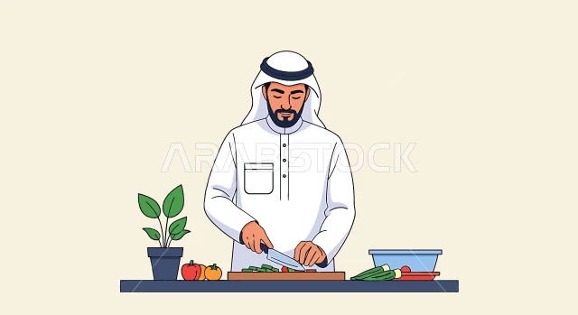 المتعة في تحضير الوصفات الشهية, رسم كرتوني لرجل عربي خليجي سعودي يقوم بإعداد السلطات والخضروات والأطباق الصحية، احتراف مهنة الطبخ، مهارات تقديم وتزيين الطعام، فيكتور اليستريتور