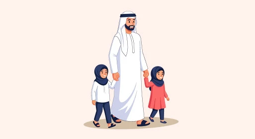 قضاء اوقات ممتعة، تعزيز الروابط الأسرية، عائلة عربية خليجية سعودية مبتسمة تستمتع بالتجول في نزهة بإيماءات الفرح والسعادة، خلفية وردية، فيكتور اليستريتور