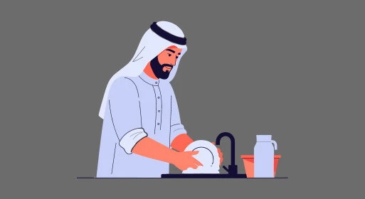 المساعدة في اعمال المنزل، رسم كرتوني لرجل عربي خليجي سعودي يرتدي الغترة والثوب التقليدي يقوم بغسل المواعين والاطباق، خلفية رمادية، فيكتور اليستريتور