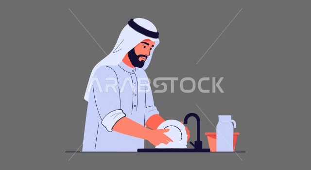 المساعدة في اعمال المنزل، رسم كرتوني لرجل عربي خليجي سعودي يرتدي الغترة والثوب التقليدي يقوم بغسل المواعين والاطباق، خلفية رمادية، فيكتور اليستريتور