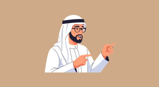 الاشارة الى شيء ما، تحديد موقع معين، رسم كرتوني لرجل عربي خليجي سعودي يرتدي الغترة والثوب التقليدي يرفع يديه لأعلى، خلفية بيج، فيكتور اليستريتور