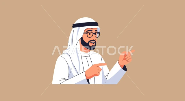 Pointing to something, specifying a specific location, cartoon of a Saudi Arabian Gulf man wearing a ghutra and traditional thobe raising his hands up, beige background, vector illustrator