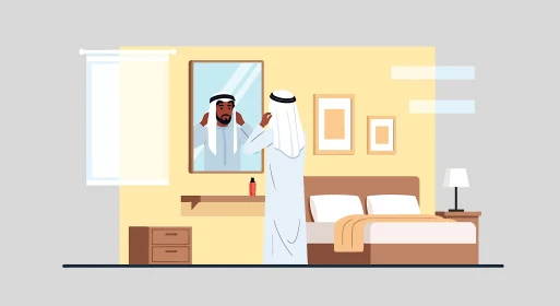 التجمل والتزيين على المرآة، رسم كرتوني لرجل عربي خليجي سعودي يرتدي الغترة والثوب التقليدي يستعد للخروج، الاثاث الداخلي لغرفة النوم، الاهتمام بالاناقة والمظهر الخارجي، فيكتور اليستريتور