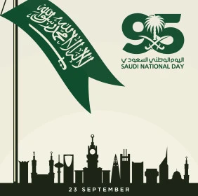 Raising flags in pride of belonging to the homeland, Saudi National Day phrase in English and Arabic, design templates for celebrating national occasions and holidays, Saudi Flag Day March 11, National Day anniversary September 23, white background, Illustrator vector