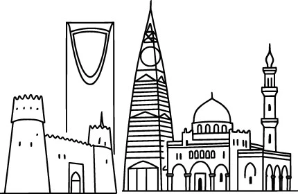 معالم الرياض المشهورة، رسومات وتصاميم مدينة الرياض في المملكة العربية السعودية، الابراج وناطحات السحاب، خلفية بيضاء، فيكتور اليستريتور