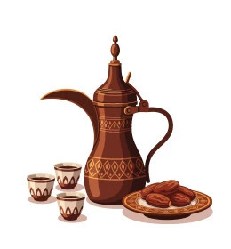 طبق من التمر السكري الصحي الطازج مع دلة نحاسية وفناجين, محصول ومنتج زراعي محلي وطني سعودي، ضيافة رمضانية لذيذة، وجبة ذات قيمة غذائية عالية، القهوة السعودية الشهية، حبات الرطب الشهية، خلفية بيضاء, فيكتور اليستريتور