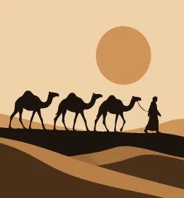 قافلة من الابل، وسائل النقل القديمة في المملكة العربية السعودية, رسوم توضيحية ظلية لسفينة الصحراء باللون الأسود, مفهوم الاهتمام والعناية بالثدييات وحيوان الجمل، فيكتور اليستريتور