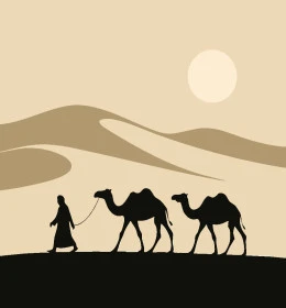 قافلة من الابل، وسائل النقل القديمة في المملكة العربية السعودية, رسوم توضيحية ظلية لسفينة الصحراء باللون الأسود, مفهوم الاهتمام والعناية بالثدييات وحيوان الجمل، فيكتور اليستريتور