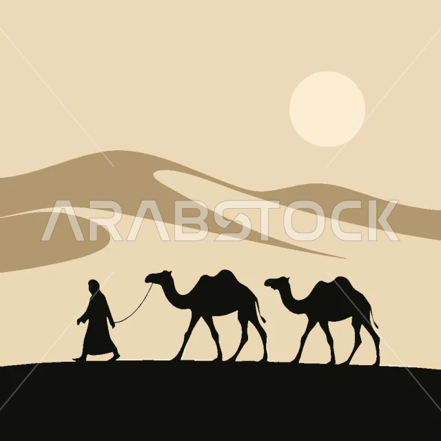 قافلة من الابل، وسائل النقل القديمة في المملكة العربية السعودية, رسوم توضيحية ظلية لسفينة الصحراء باللون الأسود, مفهوم الاهتمام والعناية بالثدييات وحيوان الجمل، فيكتور اليستريتور