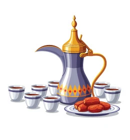 طبق من التمر السكري الصحي الطازج مع دلة نحاسية وفناجين, محصول ومنتج زراعي محلي وطني سعودي، ضيافة رمضانية لذيذة، وجبة ذات قيمة غذائية عالية، القهوة السعودية الشهية، حبات الرطب الشهية، خلفية بيضاء, فيكتور اليستريتور