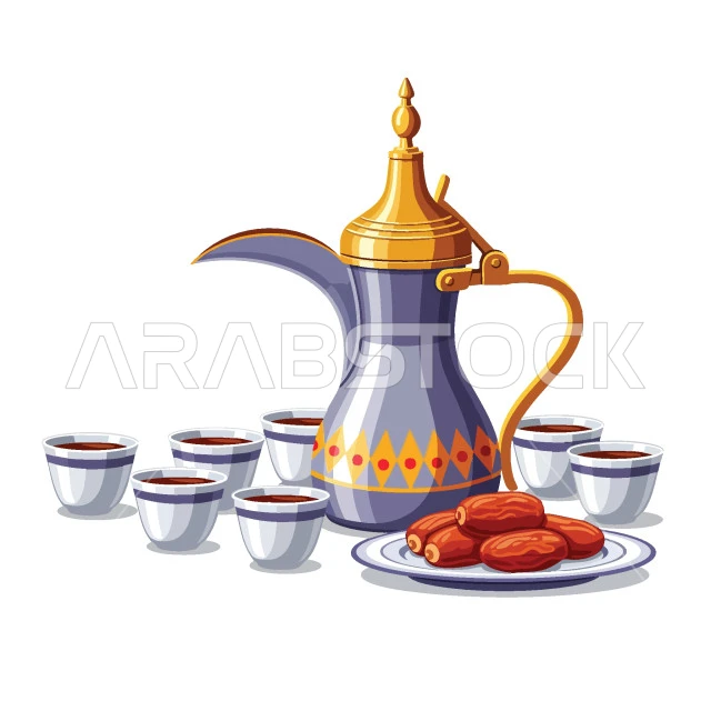 A plate of fresh healthy sugar dates with a copper kettle and cups, a Saudi national local agricultural crop and product, a delicious Ramadan hospitality, a meal with high nutritional value, delicious Saudi coffee, delicious dates, white background, vector illustrator