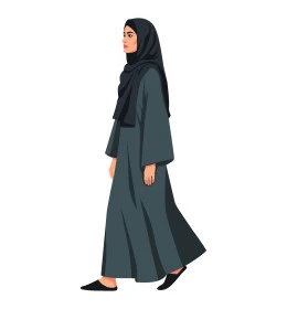 الاناقة والاهتمام بالمظهر الخارجي, مفهوم الحياء والحشمة، امرأة عربيه خليجية سعودية ترتدي الحجاب الاسود تنظر الى مكان ما, خلفية بيضاء، فيكتور اليستريتور