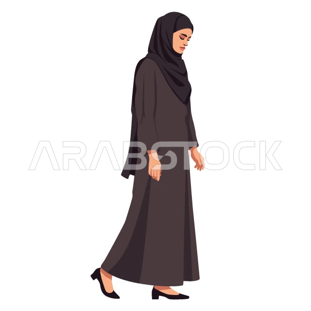 الاناقة والاهتمام بالمظهر الخارجي, مفهوم الحياء والحشمة، امرأة عربيه خليجية سعودية ترتدي الحجاب الاسود تنظر الى مكان ما, خلفية بيضاء، فيكتور اليستريتور