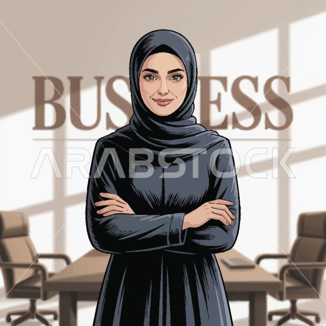 Looking at the camera with gestures of pleasure, elegance and interest in outward appearance, the concept of modesty and decency, a close-up of a Saudi Arabian Gulf woman wearing a black hijab standing with crossed hands, Vector Illustrator