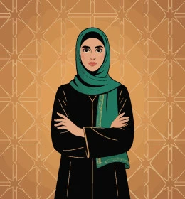 النظر الى الكاميرا بايماءات السرور, الاناقة والاهتمام بالمظهر الخارجي, مفهوم الحياء والحشمة، امرأة عربيه خليجية سعودية ترتدي الحجاب الاسود تقف بأيدي متقاطعة، فيكتور اليستريتور