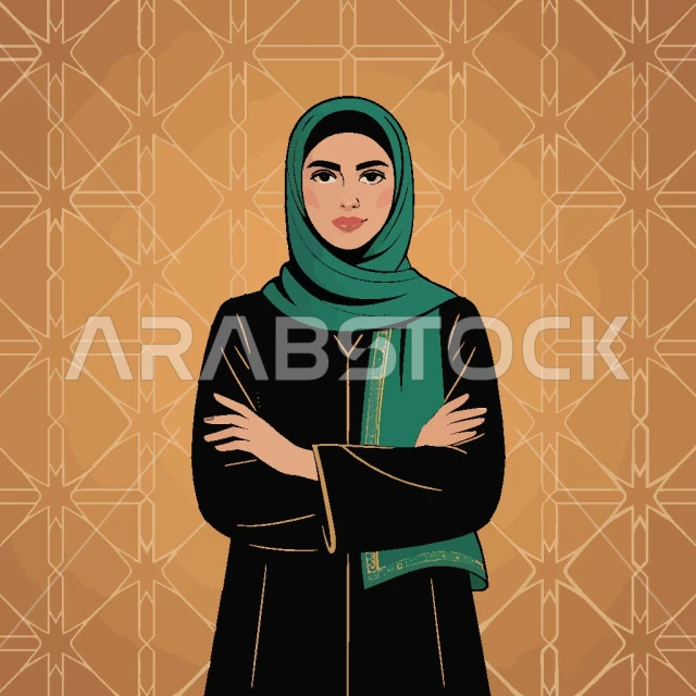 النظر الى الكاميرا بايماءات السرور, الاناقة والاهتمام بالمظهر الخارجي, مفهوم الحياء والحشمة، امرأة عربيه خليجية سعودية ترتدي الحجاب الاسود تقف بأيدي متقاطعة، فيكتور اليستريتور