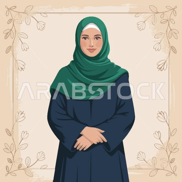 النظر الى الكاميرا بايماءات السرور, الاناقة والاهتمام بالمظهر الخارجي, مفهوم الحياء والحشمة، امرأة عربيه خليجية سعودية ترتدي الحجاب الاسود تقف بأيدي متقاطعة، فيكتور اليستريتور