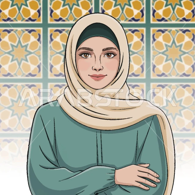 Looking at the camera with gestures of pleasure, elegance and interest in outward appearance, the concept of modesty and decency, a close-up of a Saudi Arabian Gulf woman wearing a black hijab standing with crossed hands, Vector Illustrator