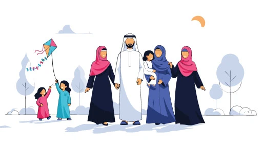 قضاء وقت ممتع مع الأسرة، تعزيز الروابط الأسرية، عائلة عربية خليجية سعودية مبتسمة تستمتع بالتجول في نزهة بإيماءات الفرح والسعادة، خلفية بيضاء، فيكتور اليستريتور