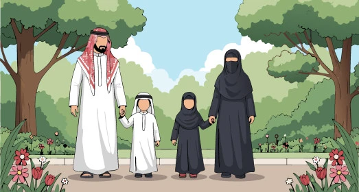 تعزيز الروابط الأسرية، قضاء وقت ممتع مع الأسرة، عائلة عربية خليجية سعودية مبتسمة تستمتع بالتجول في نزهة بإيماءات الفرح والسعادة، فيكتور اليستريتور