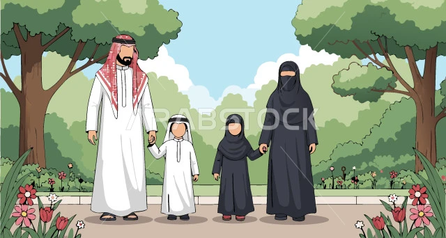 تعزيز الروابط الأسرية، قضاء وقت ممتع مع الأسرة، عائلة عربية خليجية سعودية مبتسمة تستمتع بالتجول في نزهة بإيماءات الفرح والسعادة، فيكتور اليستريتور
