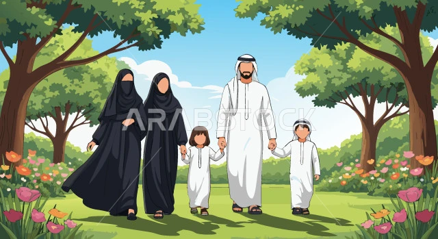 تعزيز الروابط الأسرية، قضاء وقت ممتع مع الأسرة، عائلة عربية خليجية سعودية مبتسمة تستمتع بالتجول في نزهة بإيماءات الفرح والسعادة، فيكتور اليستريتور