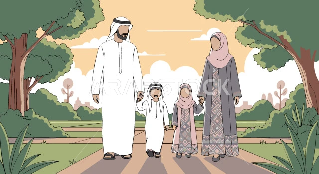 Arab Parents Walking with Kids at Sunset