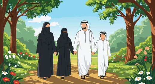 عائلة عربية خليجية سعودية مبتسمة تستمتع بالتجول في نزهة بإيماءات الفرح والسعادة، تعزيز الروابط الأسرية، قضاء وقت ممتع مع الأسرة، فيكتور اليستريتور