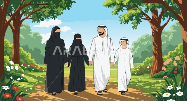 عائلة عربية خليجية سعودية مبتسمة تستمتع بالتجول في نزهة بإيماءات الفرح والسعادة، تعزيز الروابط الأسرية، قضاء وقت ممتع مع الأسرة، فيكتور اليستريتور
