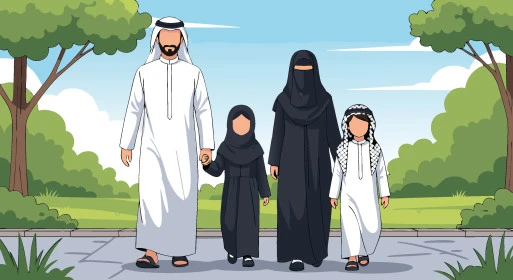 عائلة عربية خليجية سعودية مبتسمة تستمتع بالتجول في نزهة بإيماءات الفرح والسعادة، تعزيز الروابط الأسرية، قضاء وقت ممتع مع الأسرة، فيكتور اليستريتور