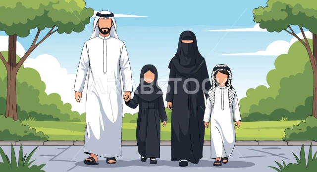 عائلة عربية خليجية سعودية مبتسمة تستمتع بالتجول في نزهة بإيماءات الفرح والسعادة، تعزيز الروابط الأسرية، قضاء وقت ممتع مع الأسرة، فيكتور اليستريتور