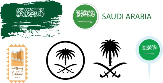 Celebrating national occasions and holidays, Flag Day March 11, Saudi National Day September 23, Banner "There is no god but God, Muhammad is the Messenger of God", Arabic phrases and texts, Illustrator vector, white background