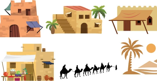 Desert nature in Saudi Arabia, popular Bedouin life, icons of desert and golden sand, vector illustrator, white background
