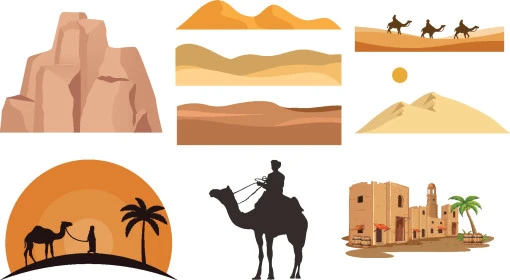 الطبيعة الصحراوية في المملكة العربية السعودية، حياة البادية الشعبية، ايقونات للصحراء والرمال الذهبية، فيكتور اليستريتور، خلفية بيضاء