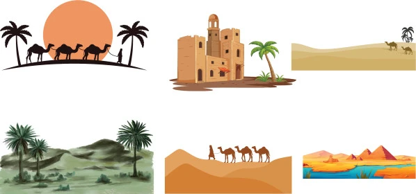Desert nature in Saudi Arabia, popular Bedouin life, icons of desert and golden sand, vector illustrator, white background