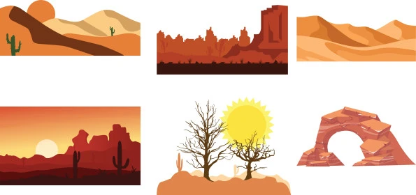 Desert nature in Saudi Arabia, popular Bedouin life, icons of desert and golden sand, vector illustrator, white background