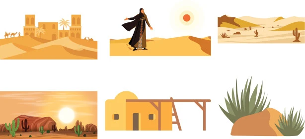 الطبيعة الصحراوية في المملكة العربية السعودية، حياة البادية الشعبية، ايقونات للصحراء والرمال الذهبية، فيكتور اليستريتور، خلفية بيضاء