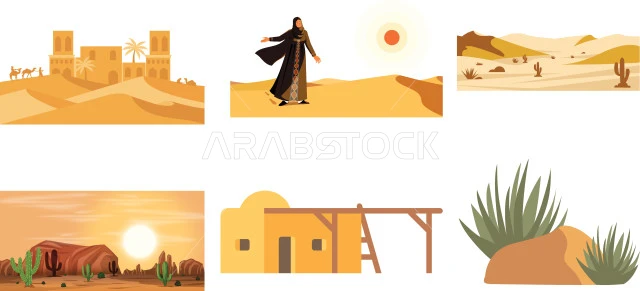 الطبيعة الصحراوية في المملكة العربية السعودية، حياة البادية الشعبية، ايقونات للصحراء والرمال الذهبية، فيكتور اليستريتور، خلفية بيضاء
