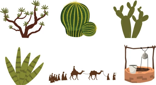 Desert nature in Saudi Arabia, popular Bedouin life, icons of desert and golden sand, vector illustrator, white background