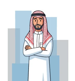 الاهتمام بالأناقة والمظهر الخارجي، رجل عربي خليجي سعودي مبتسم يرتدي الشماغ والثوب التقليدي ينظر الى الكاميرا يقف بأيدي متقاطعة بإيماءات الثقة بالنفس، خلفية ملونة، فيكتور اليستريتور