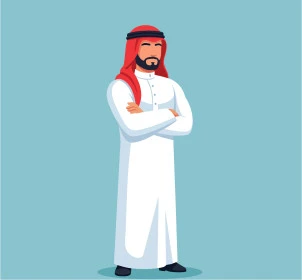 Concern for elegance and outward appearance, a smiling Saudi Arabian Gulf man wearing a traditional shemagh and thobe looking at the camera standing with crossed hands in a confident gesture, colorful background, vector illustrator