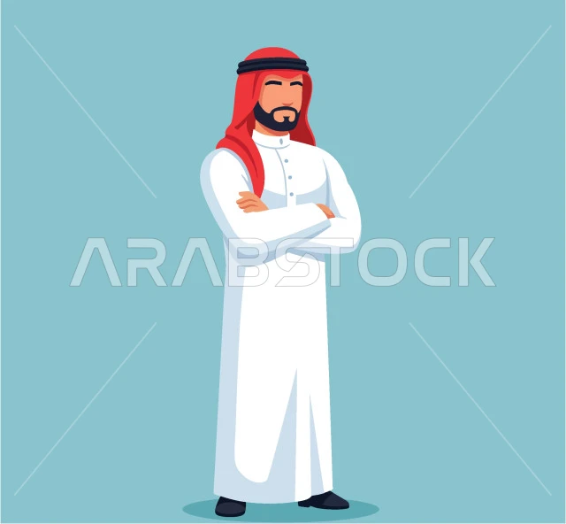 الاهتمام بالأناقة والمظهر الخارجي، رجل عربي خليجي سعودي مبتسم يرتدي الشماغ والثوب التقليدي ينظر الى الكاميرا يقف بأيدي متقاطعة بإيماءات الثقة بالنفس، خلفية ملونة، فيكتور اليستريتور