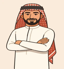 الاهتمام بالأناقة والمظهر الخارجي، رجل عربي خليجي سعودي مبتسم يرتدي الشماغ والثوب التقليدي ينظر الى الكاميرا يقف بأيدي متقاطعة بإيماءات الثقة بالنفس، خلفية ملونة، فيكتور اليستريتور