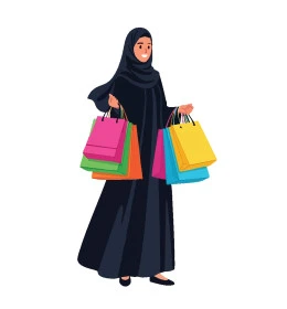 Cartoon of a Saudi Arabian Gulf woman wearing hijab and abaya holding colorful shopping malls, shopping and buying supplies, positive effect and enjoyment of shopping, vector illustrator, white background